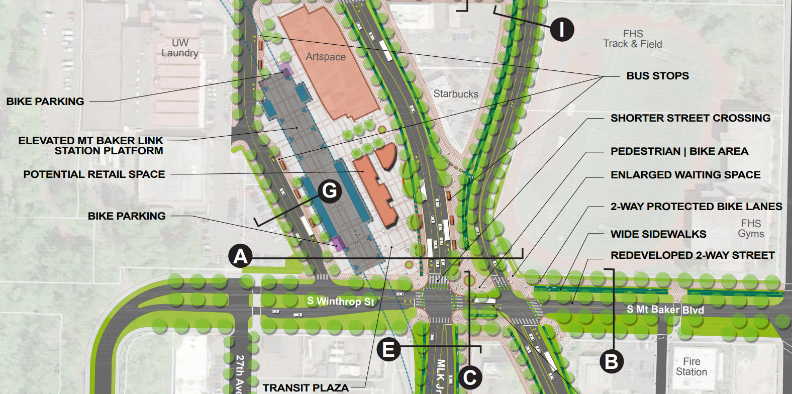 A rendering of MLK and Rainier shown with lots of trees but most importantly with significantly less pavement