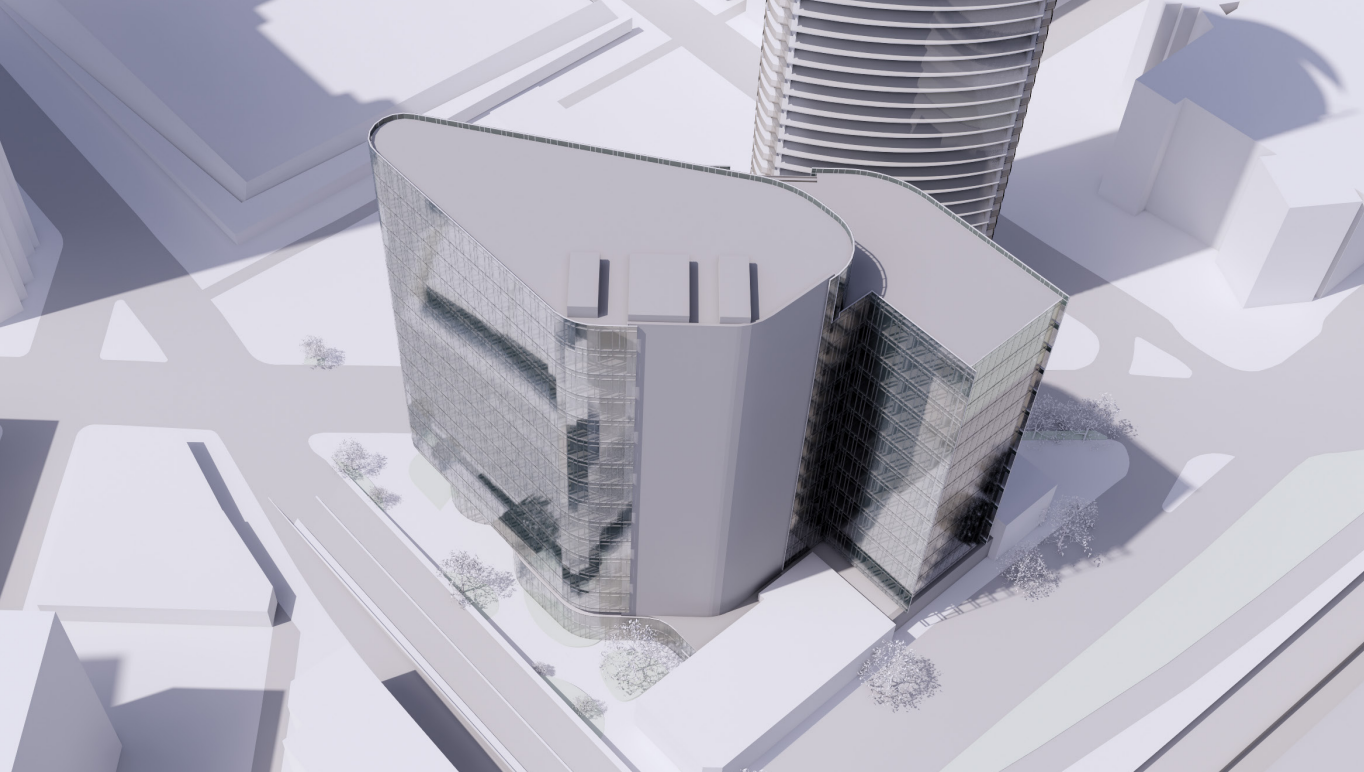 A rendering of three talk office towers of different heights grouped together.