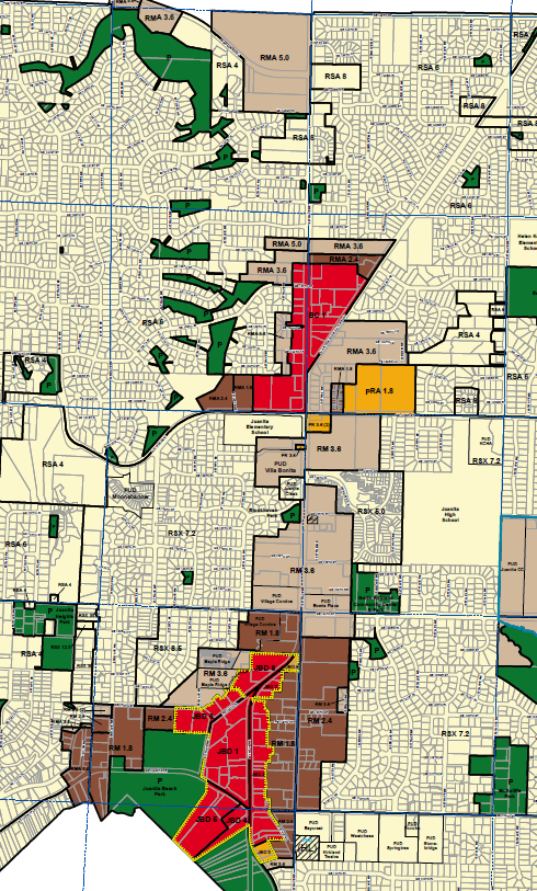 zoning map of Juanita, two red nodes identify the most zoned capacity in the neighborhood