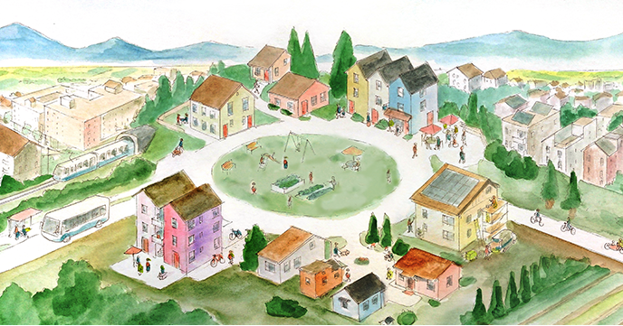 A drawing shows townhomes and small apartments around a central part with bus and light rail trains serving the area.