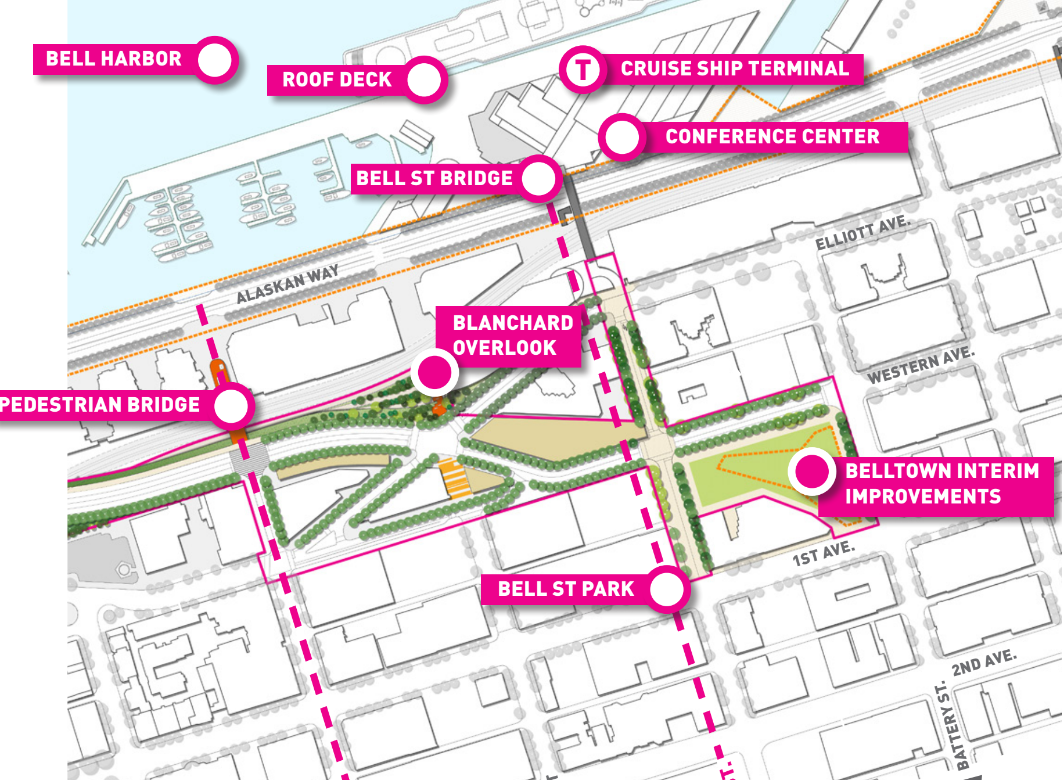 Planned amenities, many now scaled back or cancelled, in the Belltown area as part of the Waterfront redevelopment