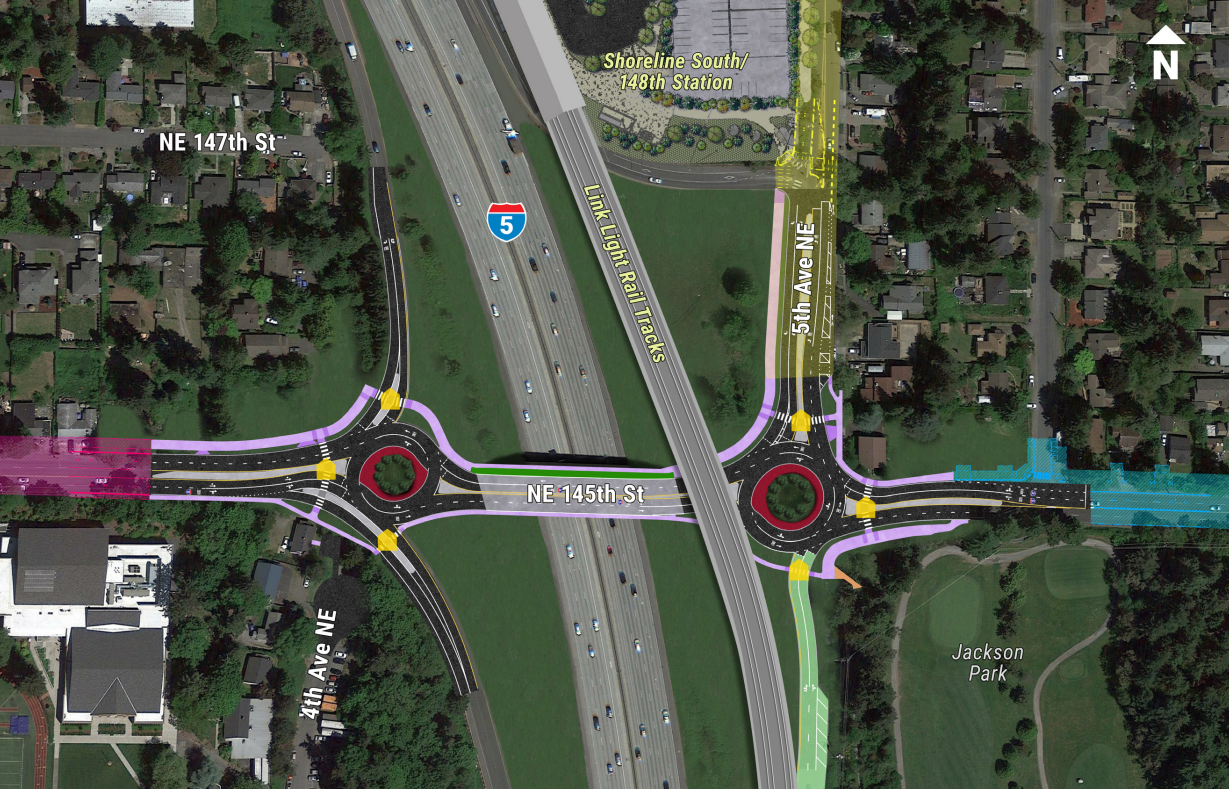 Rendering of the twin roundabouts at NE 145th Street on either side of I-5