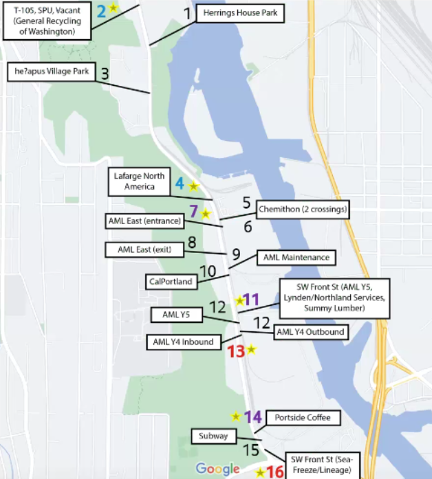 A map showing a bunch of driveways, mostly on the segment where a bike lane is not planned