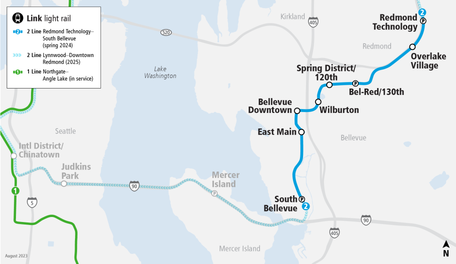 The eight Eastside stations are South Bellevue, East Main, Downtown Bellevue, Wilburton, Spring District, Bel-Red, Overlake Village, and Redmond Technology. Mercer Island and Judkins Park stations are opening in 2025.