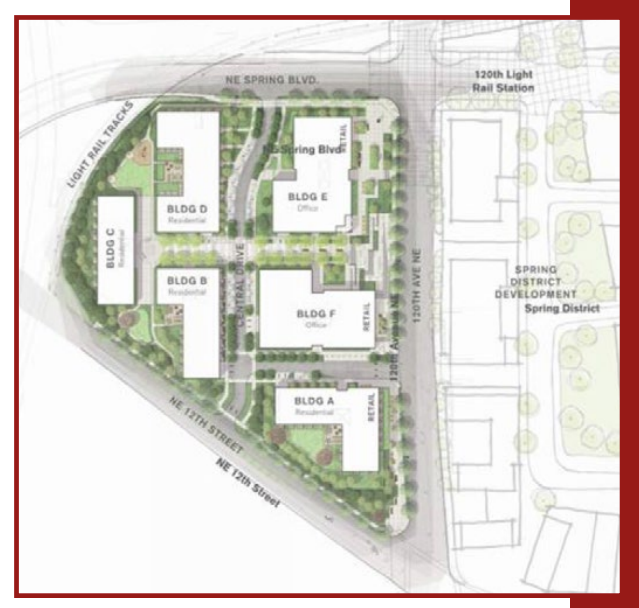 Alexandria's plan for their Bellevue life science campus, this one has 6 buildings and lots of greenery