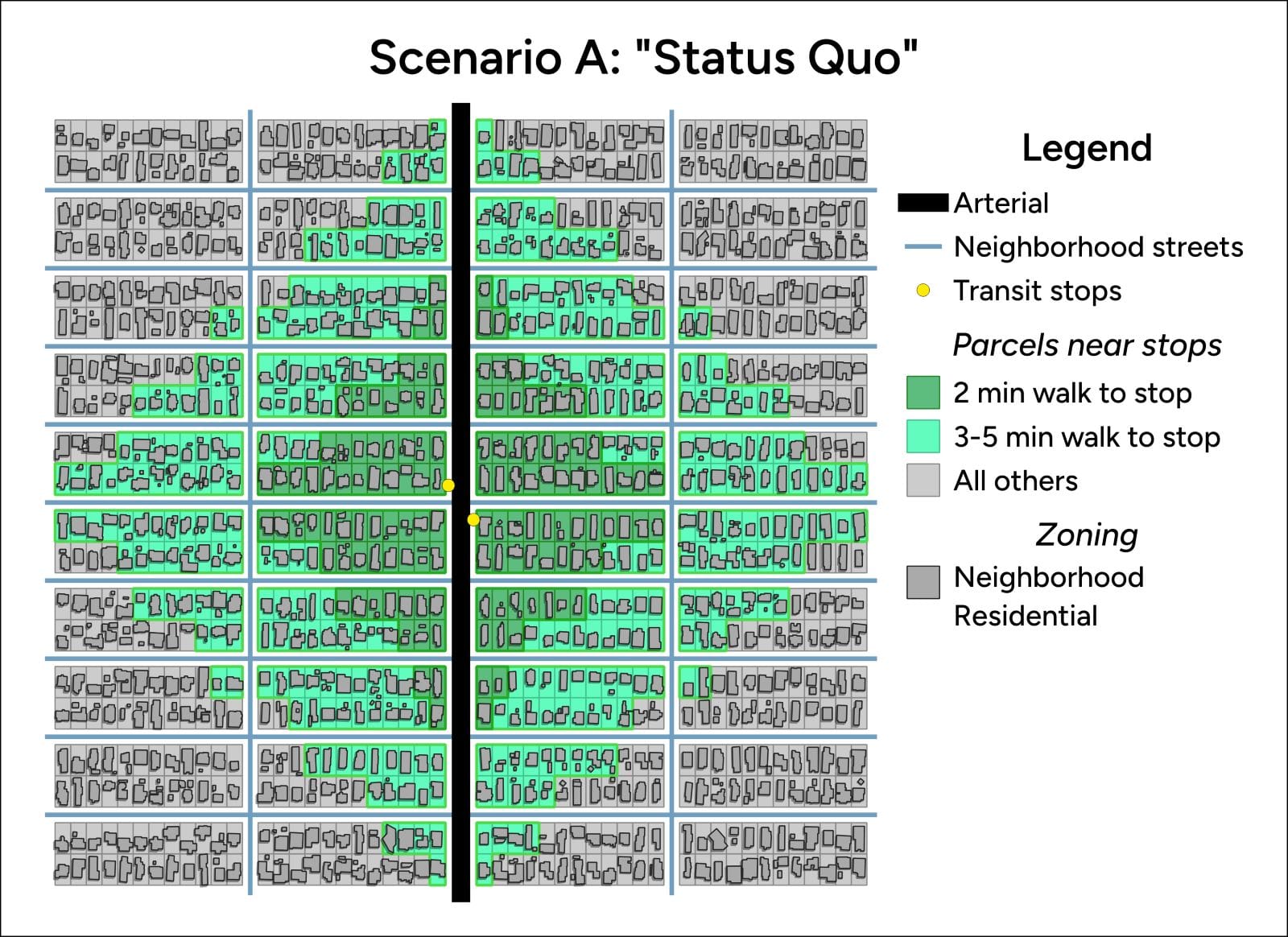 An image shows a green diamond of five-minute walk access to the bus stops with the corners of the square cross section in gray shows they're outside a five-minute walk.