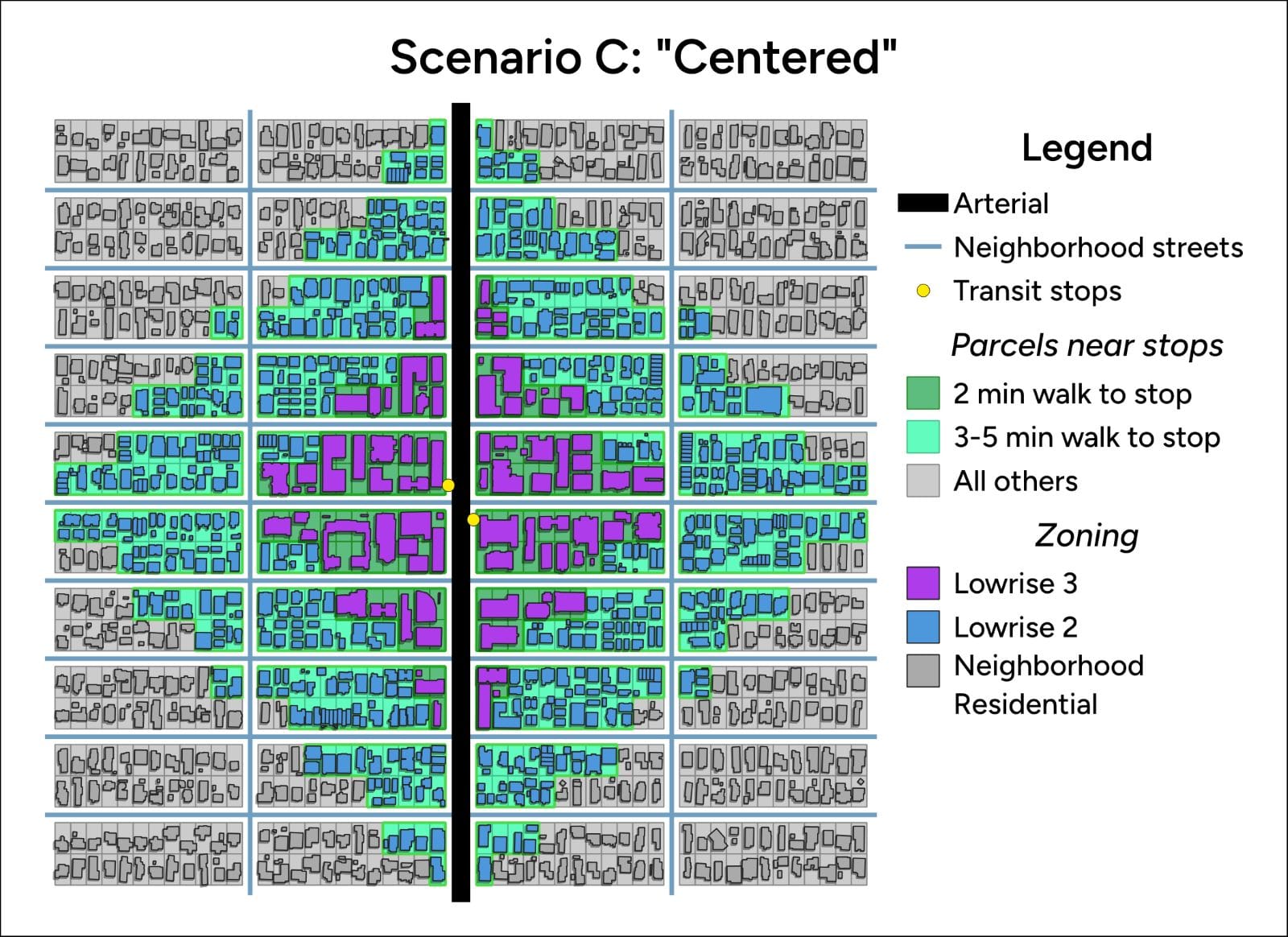 Shown in purple, a section of Lowrise 3 zoning is shown nearest to the bus stop.