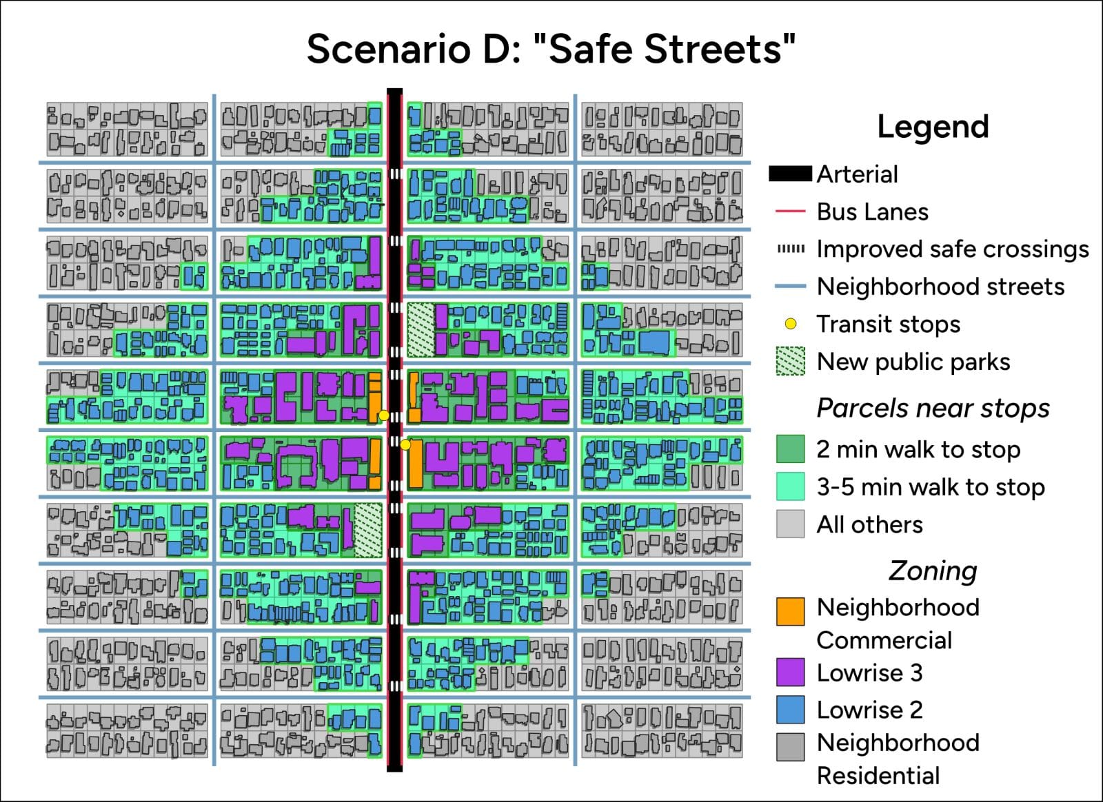 A pocket of denser Neighborhood Commercial zoning is shown adjacent to the bus stop in orange.