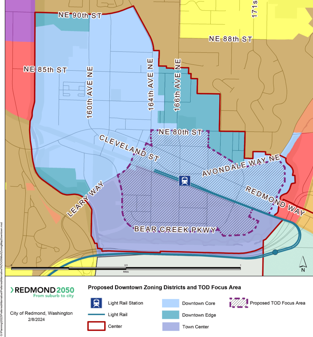 The proposed zoning map has shows three proposed zones of varying intensity and a TOD Focus Area that would grant even more zoning capacity. 