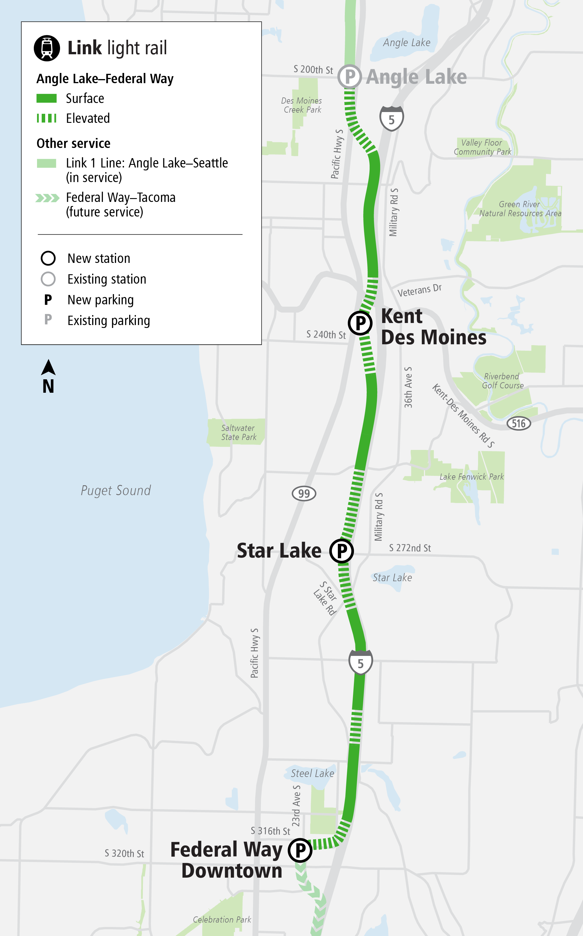 A map shows Kent/Des Moines Station, Star Lake Station, and Federal Way Downtown Station spread out along I-5.