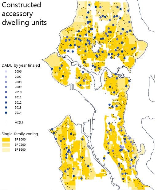 DADUs built in Seattle between 2006 and 2014. (City of Seattle)