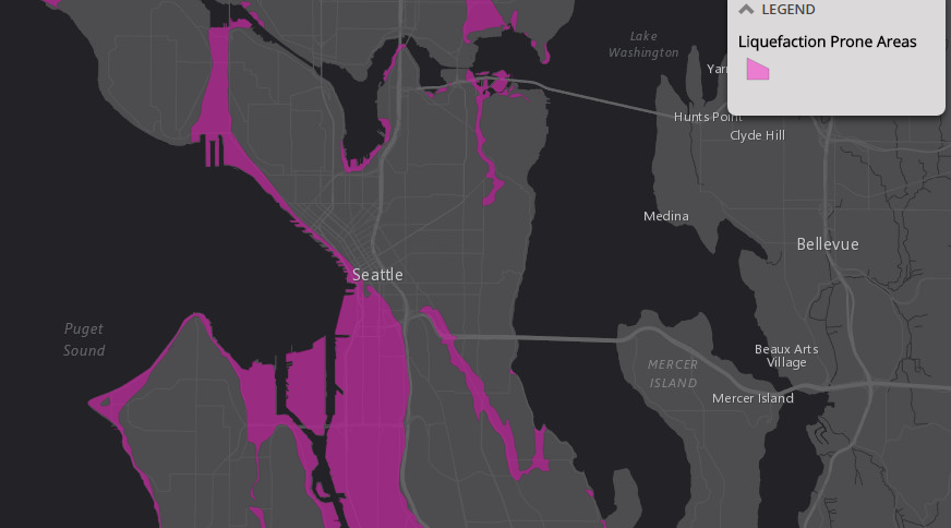 Areas prone to liquefaction during a localized earthquake. (City of Seattle)