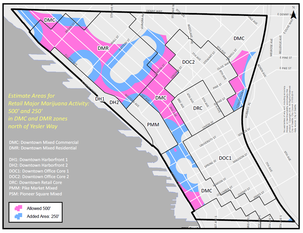 Areas in Downtown Seattle where marijuana retail establishments will be allowed. (City of Seattle)
