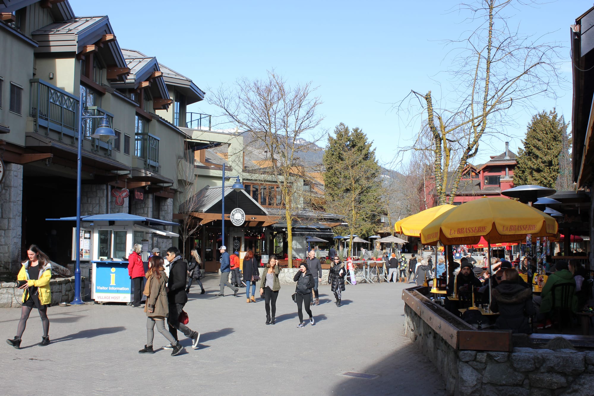 Building facades with active frontages and balconies provide for a visual connection between public and private space in Whistler. (Photo by Sarah Oberklaid). 