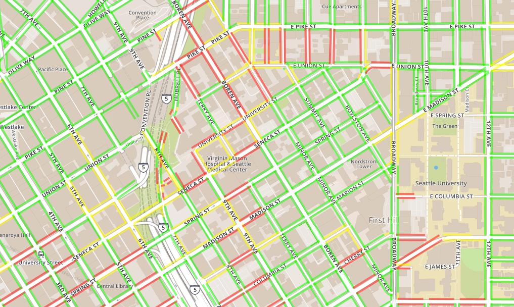 Accessibility near I-5 and First Hill. (AccessMap/Mapbox)