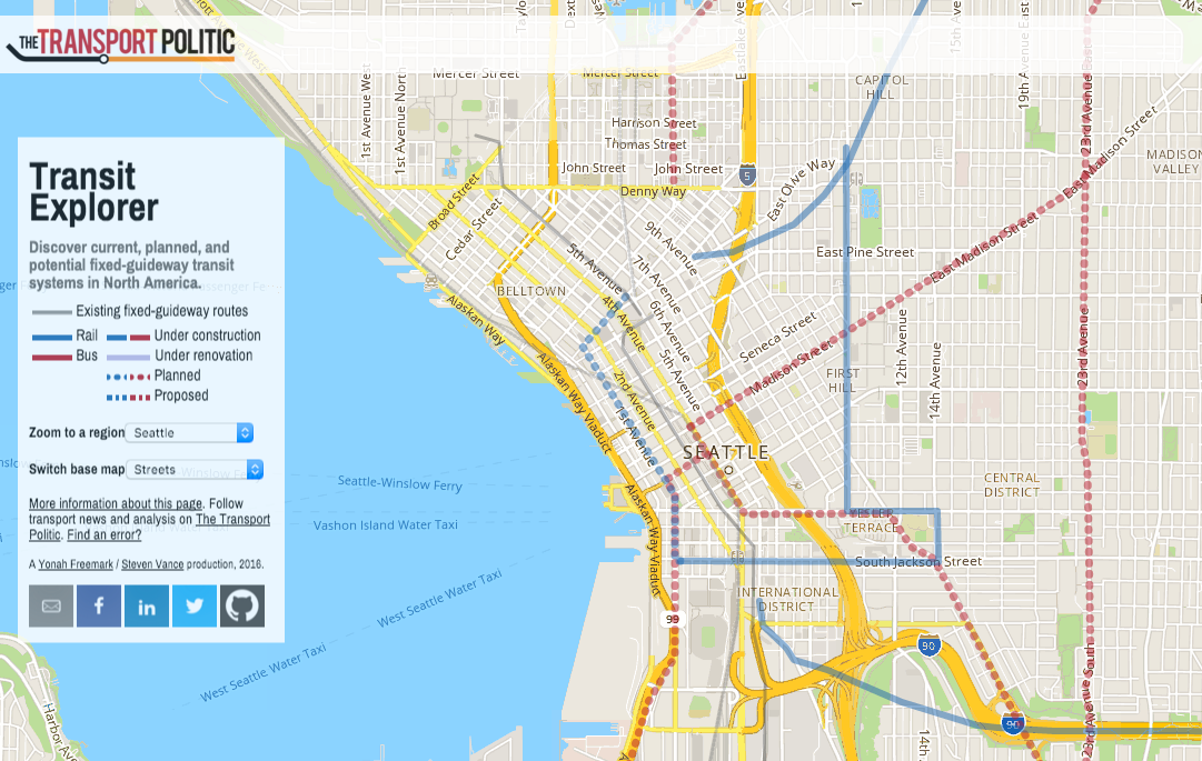 HCT investments existing, planned, and under construction in Seattle. (The Transport Politic)