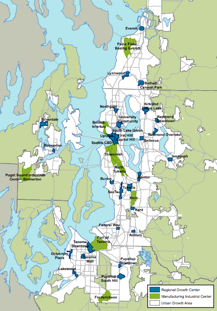 Regional growth centers throughout PSRC jurisdictions. (Puget Sound Regional Council)