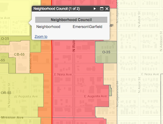Example of zoning near neighborhood boundary (red line). (City of Spokane)
