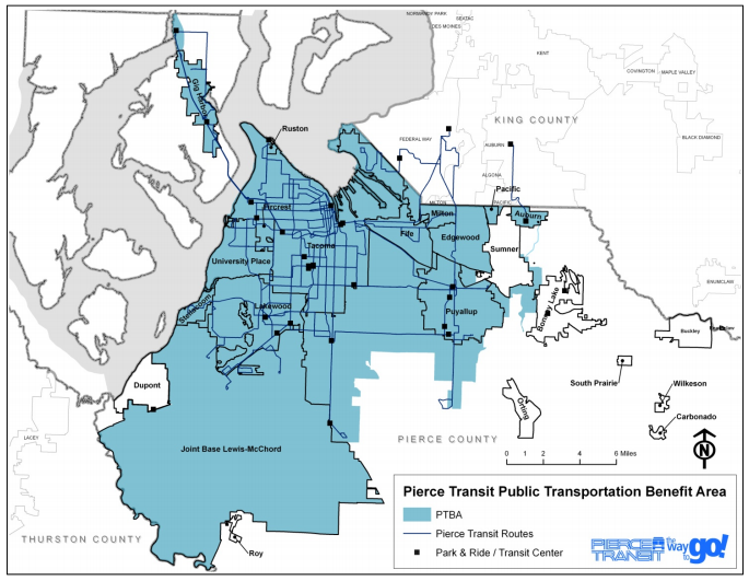 Current public transportation benefit area and route structure for Pierce Transit. (Pierce Transit)