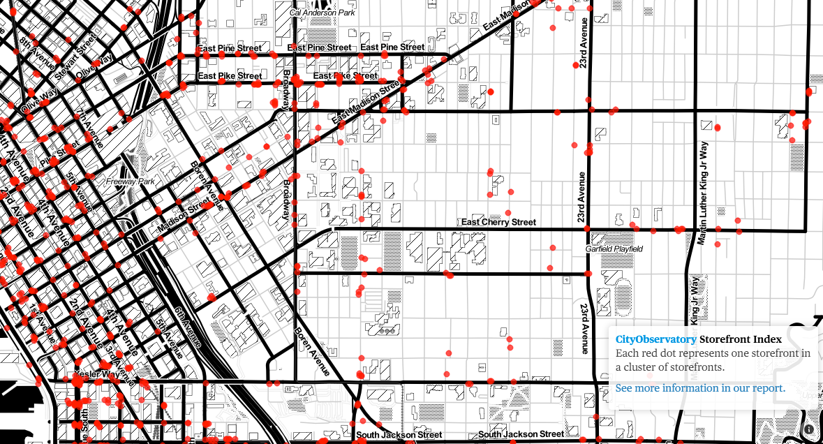 Storefront density in Downtown Seattle and First Hill/Capitol Hill. (City Observatory)