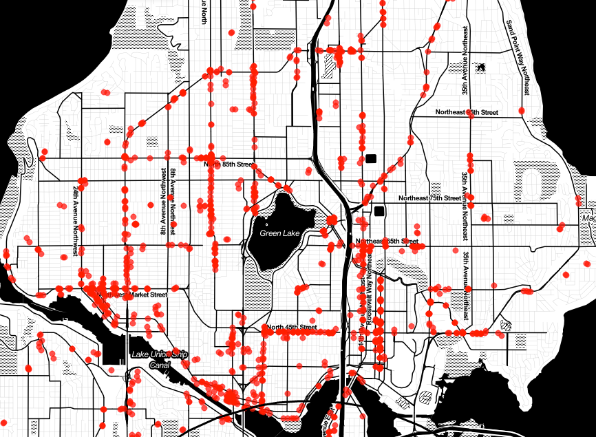 Density of storefronts in portions of North Seattle. (City Observatory)