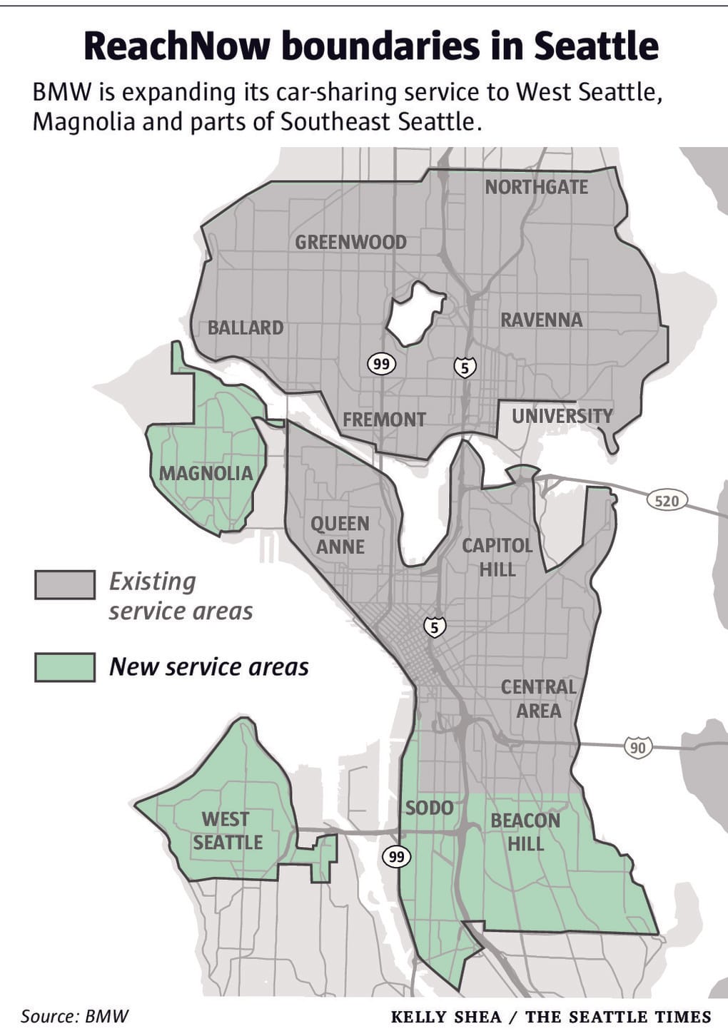ReachNow's expansion areas to Magnolia, West Seattle, and portions of South Seattle. (The Seattle Times)