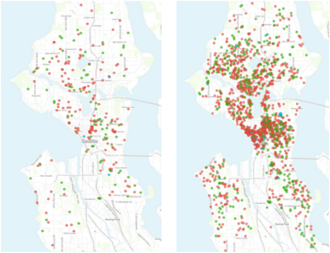 Airbnb rental reviews from July 2013 (left) and July 2015 (right). Red dot = entire house/apartment; Green dot = private room; and Blue dot = shared room. (Inside Airbnb / City of Seattle)