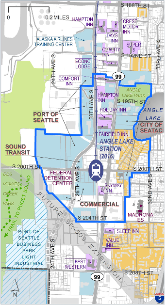The blue line makes the station overlay district with the major landholders labeled. (SeaTac)