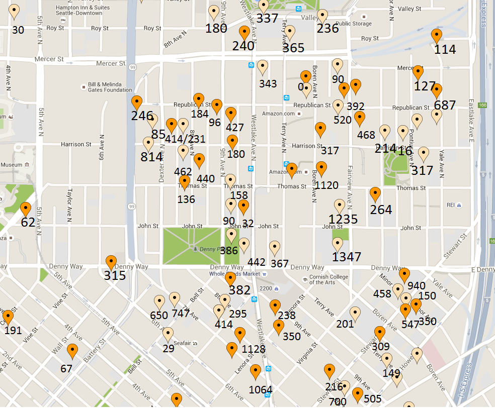 Some of the projects have altered their parking ramp as they've gone through the process, but these numbers give you an idea how much parking is planned for South Lake Union. (Graphic by Ryan Packer)