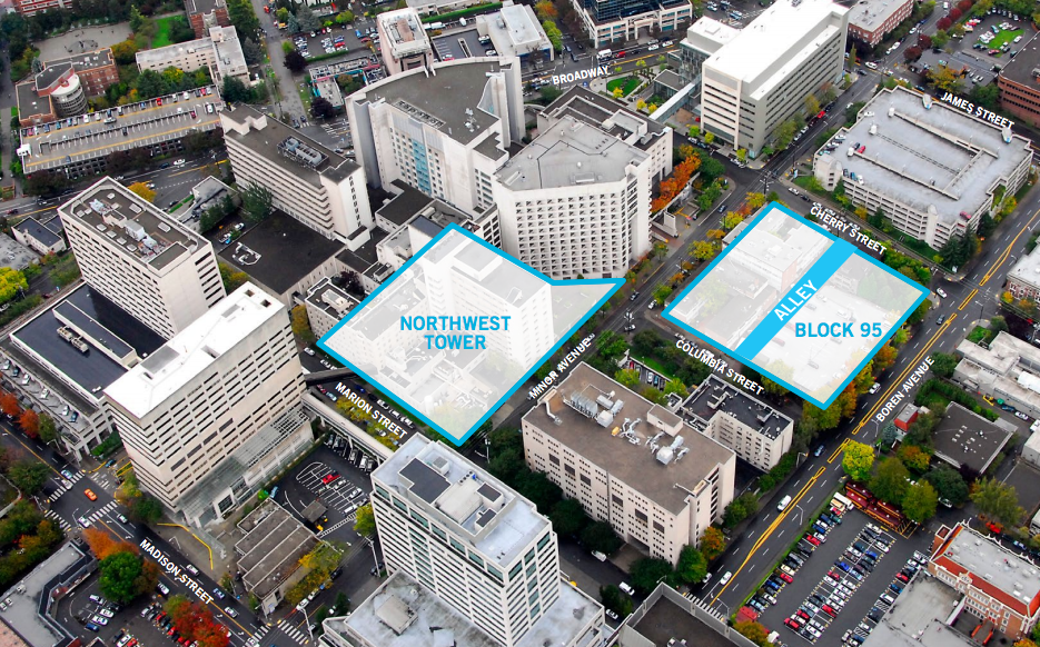 Block 95, alley vacation area, and the Northwest Tower. (City of Seattle / Perkins + Will)