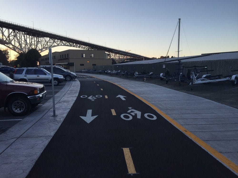 What a semi-standard section the trail looks like; note the rolled curb on the left and boat trail parking to the right.