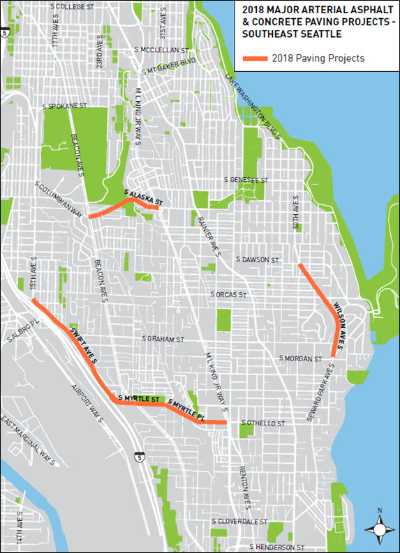 The three Southeast Seattle corridors planned for repaving work in 2018. (City of Seattle)
