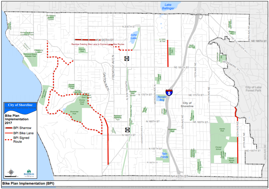 Bicycle facilities that could be implemented in 2017. (City of Shoreline)