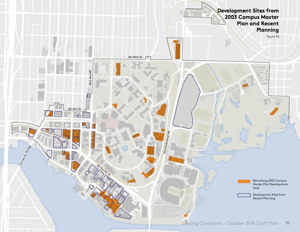 Potential development sites from old and new master plans. (University of Washington)