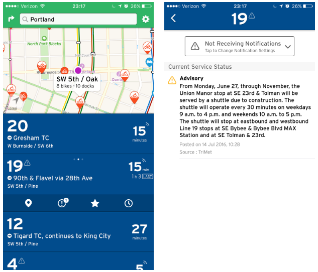 Left: Trimet Routes 19 and 4 have special alerts. Right: The alert screen for Route 19. (Transit)