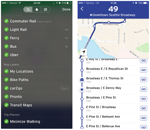 Left: Minimize walking in the trip planner. Right: Dialing into a particular trip shows next stop times and highlights which stops are closest to your favorite places. (Transit)
