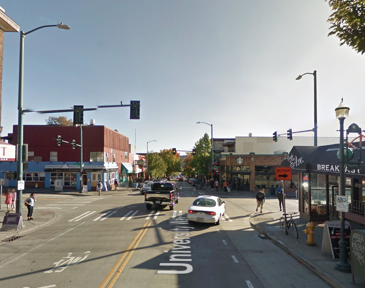 Active ground floor spaces on street corners in the University District. (Google)