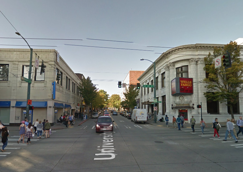 Banks located on prominent corners in the University District. (Google)