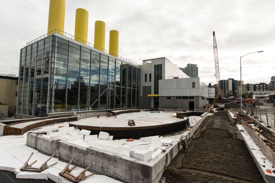 New operations building and construction of the plaza. (WSDOT)