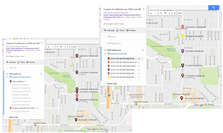 Three years of collision data on 25th Ave NE involving people walking and biking. (City of Seattle / Google)