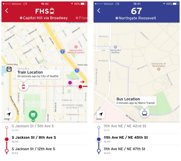 The updated Transit App indicates where the real-time data is derived from; note the difference between last known locations. (Transit App)