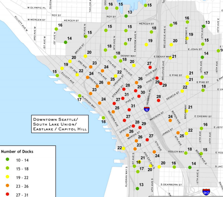 The proposed Downtown station plan for bikeshare in Seattle, from a 2012 plan. (Alta Planning)