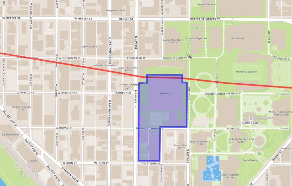 Where the light rail tunnel could go under Seattle Center and intersect with the KeyArena development site. 