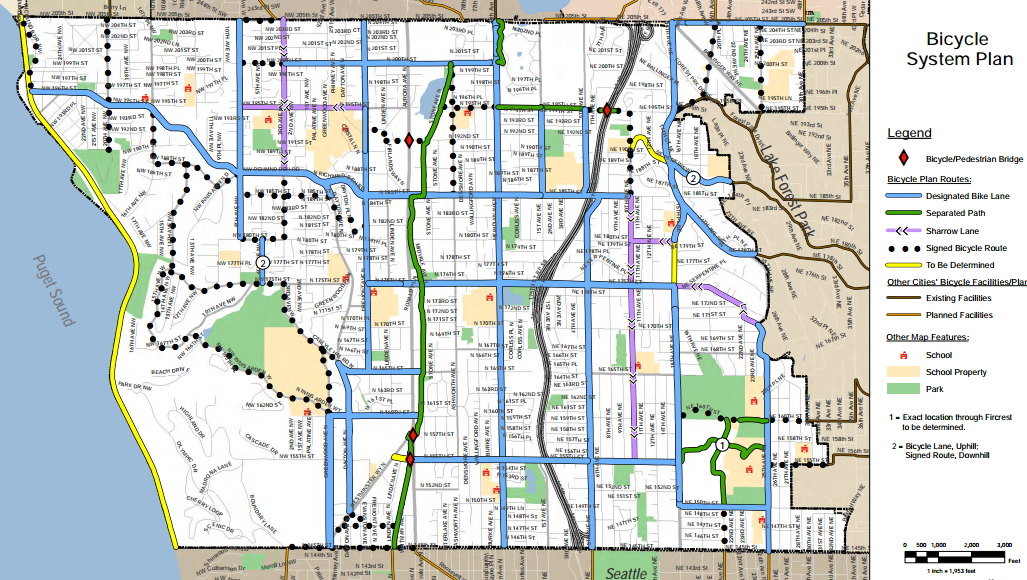 Long-range bike plan for Shoreline. Note that the rail-trail wasn't identified in the 2011 plan. (City of Shoreline)