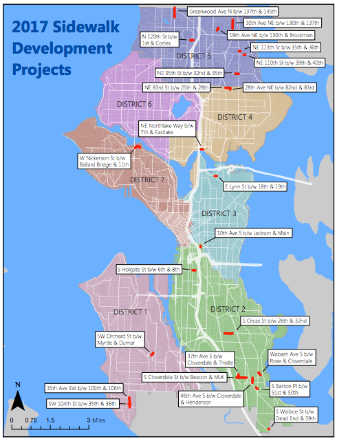 Where new sidewalk investments for 2017 would go. (City of Seattle)