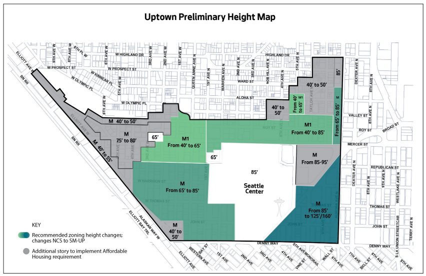 Preliminary heights and capacity changes for affordable housing requirements in Uptown. (City of Seattle)