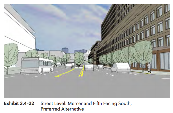 View from street level at 5th Ave S and Mercer Street. (Hewitt Architecture / City of Seattle)