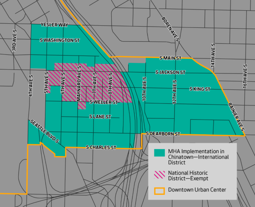 Areas of Chinatown-International District that are inside and outside of the MHA rezones. (City of Seattle)