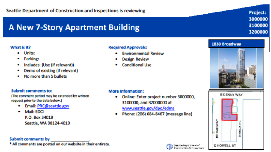 A draft of the proposed new large land use notice signs. (City of Seattle)