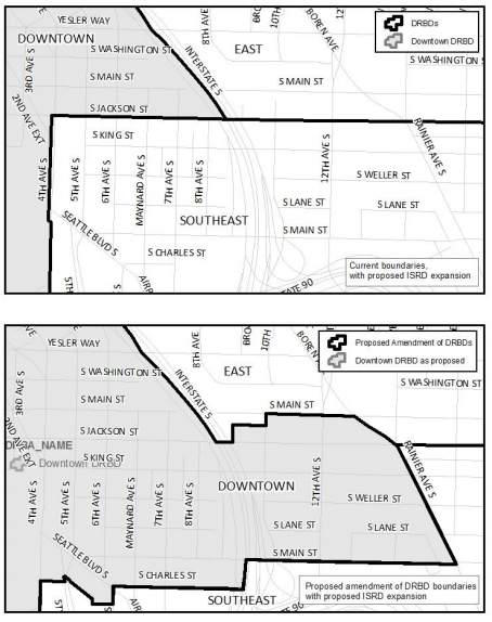 Comparison of existing design review board boundaries (top) and proposed boundaries (bottom). (City of Seattle)